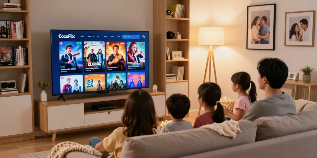 Family enjoying streaming movies on CocoFlix in a warm living room setting
