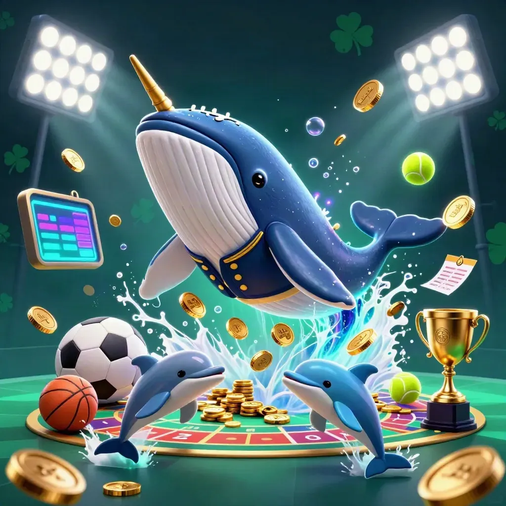 Whale, narwhal and dolphins burst through coins with flying balls, trophy and neon casino glow.