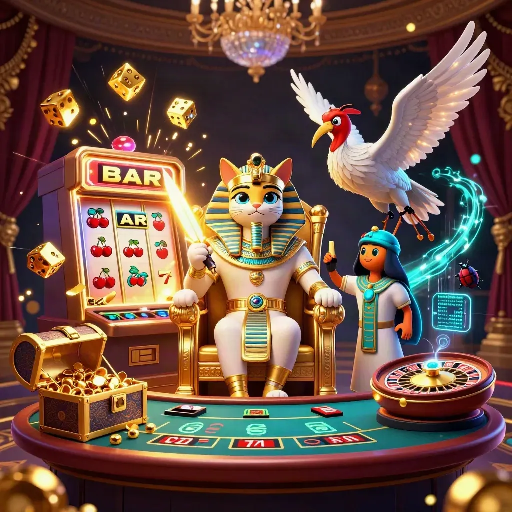 Pharaoh cat, ibis scribe, and scarab beetles amid slot jackpots in a luxury casino glow.