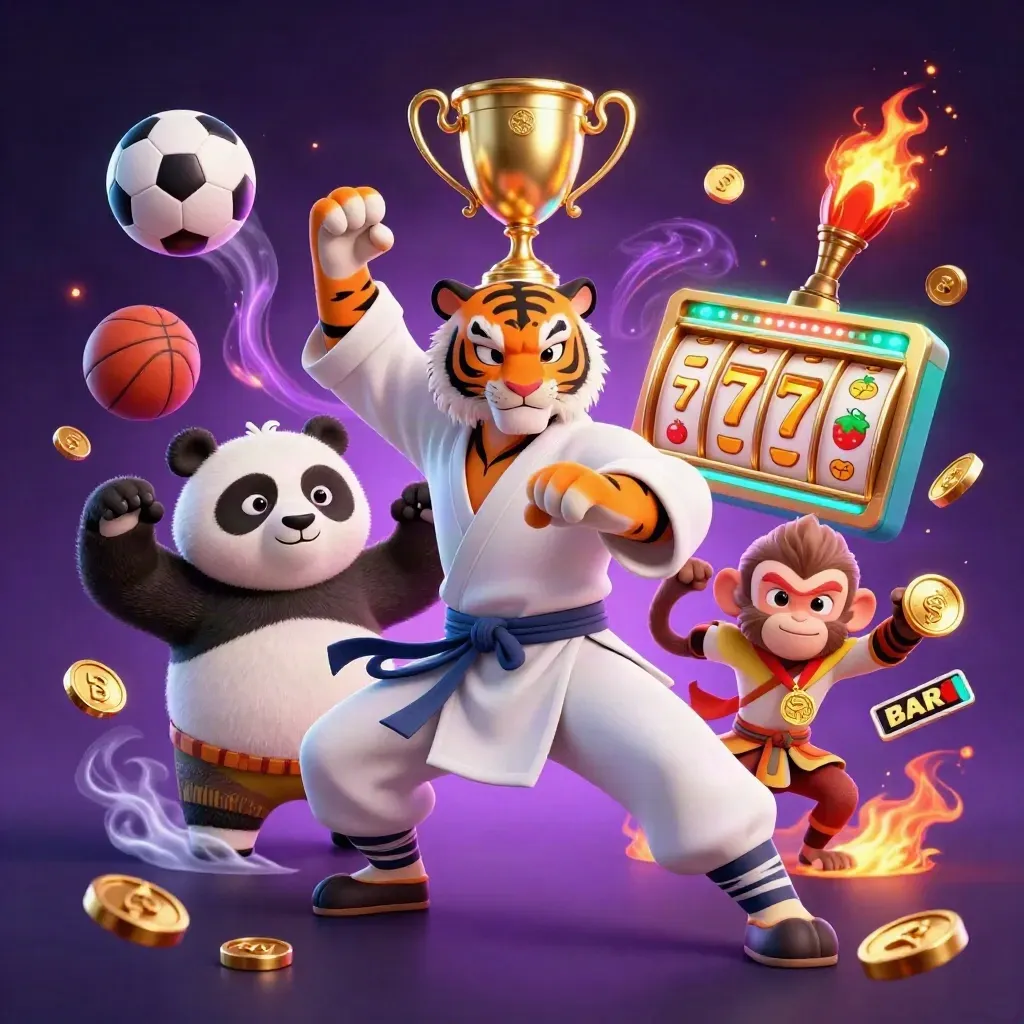 Kung-fu tiger, panda, and monkey amid sports balls, coins, and neon casino effects