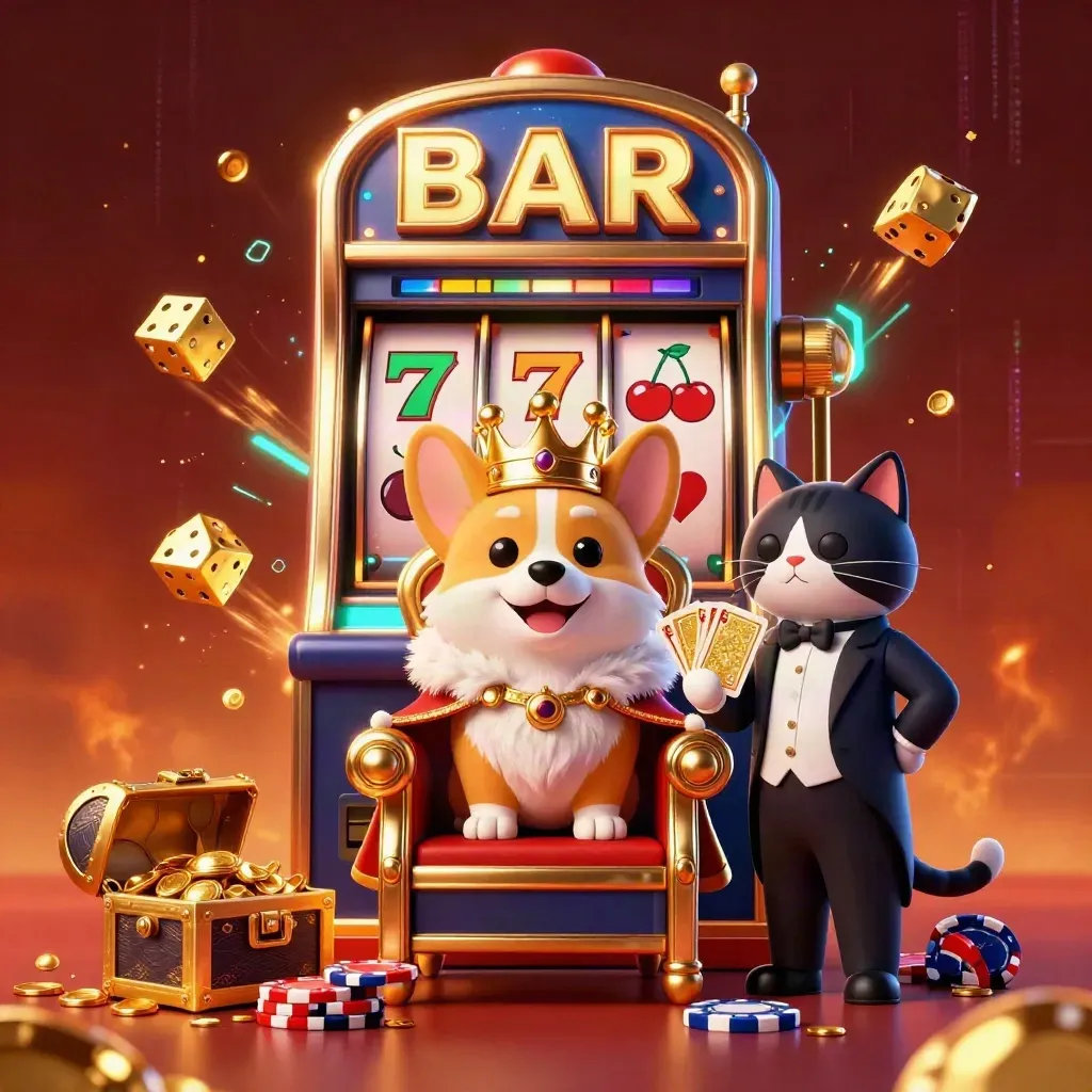 Royal corgi and cat butler amid exploding slot machine, chips, dice, gold and neon casino glow