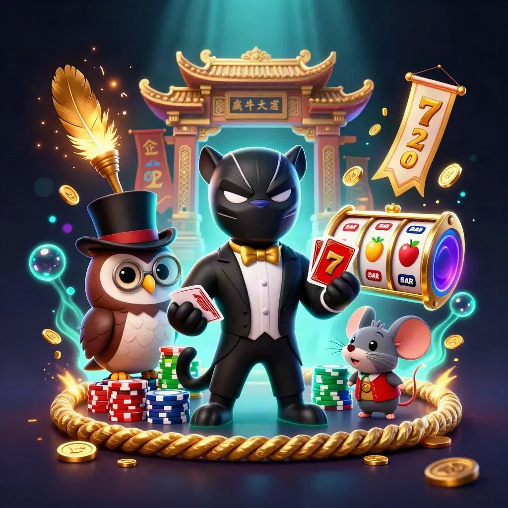 Panther, owl, and mouse casino heroes amid temple, chips, reels, and glowing effects.