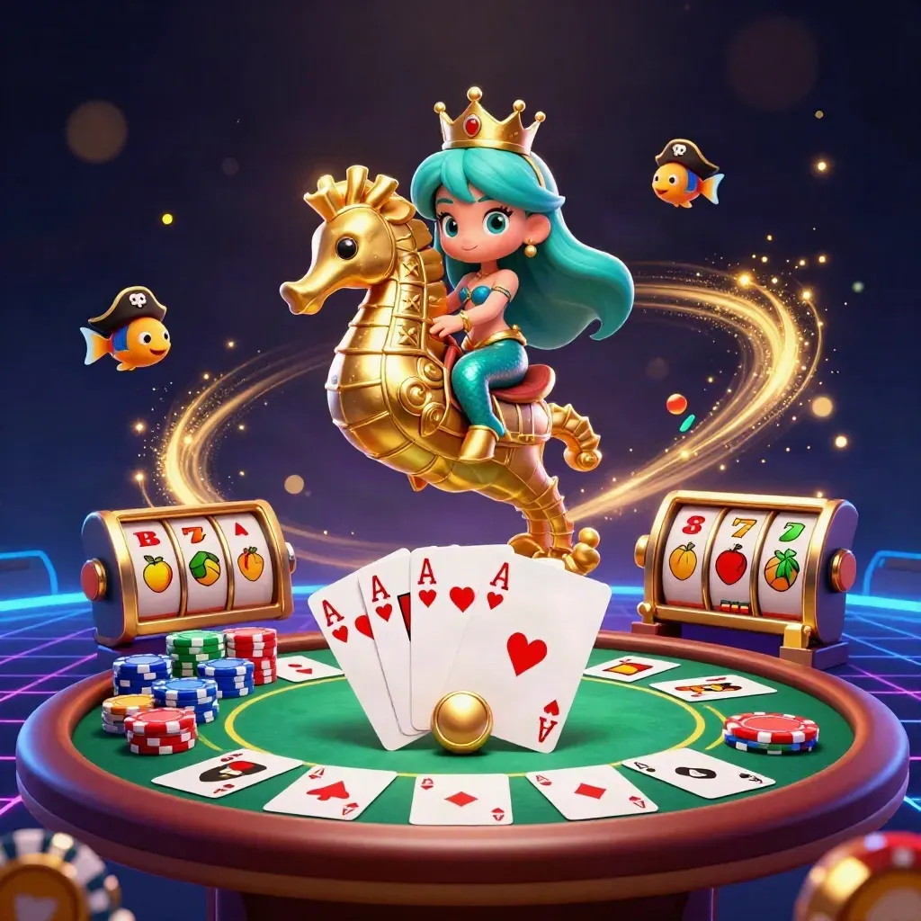 Mermaid princess on armored seahorse with pirate fish, casino chips, cards, reels, and neon glow.