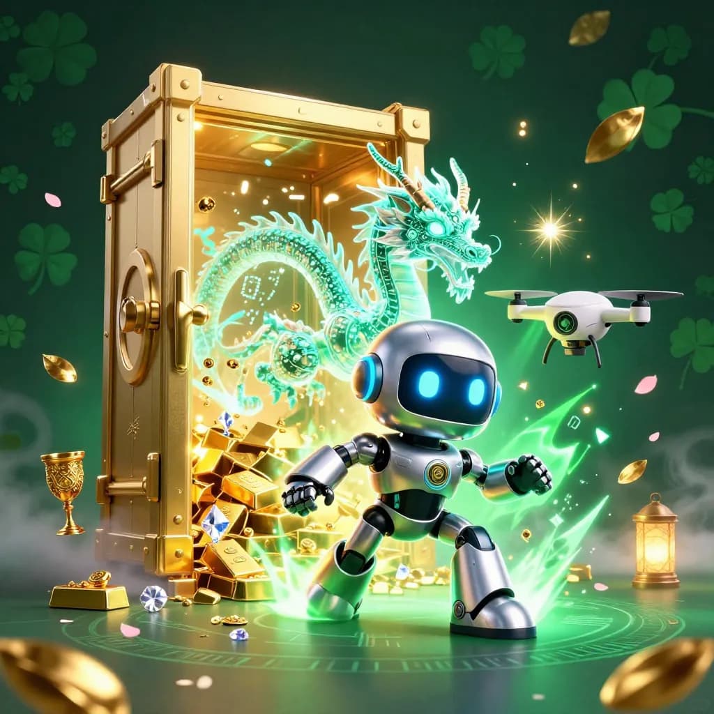 Cyberpunk robot, holographic dragon, and coin drone erupt from a golden vault with gems and neon-green light.