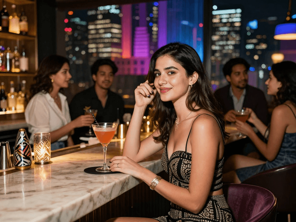 Gái gọi trong không gian lounge thời thượng, thể hiện phong cách và sự năng động.